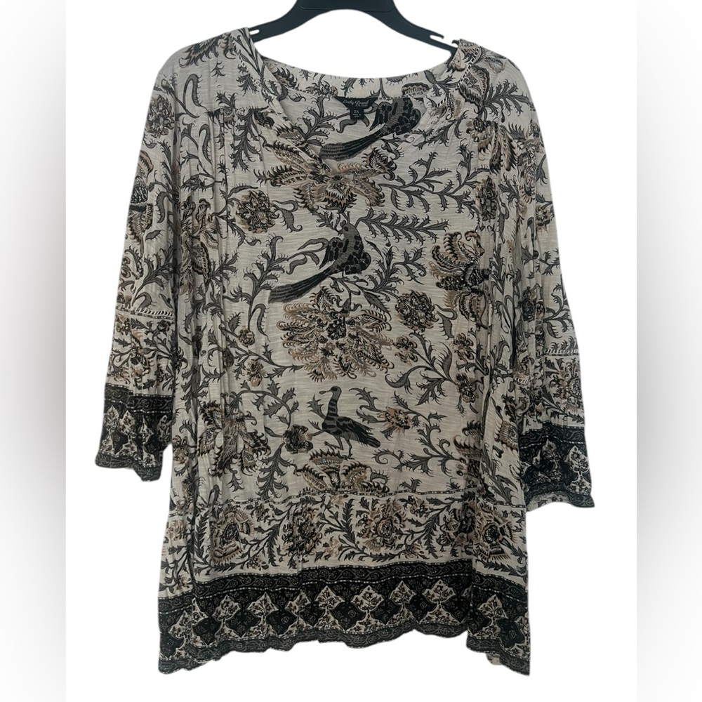 Lucky Brand 3/4 Sleeve Floral /Bird Peasant Split Neck Top size 2X Boho - Picture 2 of 10